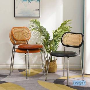 实约木餐月圆椅设师家用中古椅藤计编椅复古椅休闲餐厅靠背椅椅子