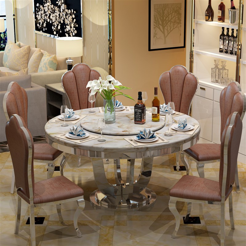 大理石餐桌椅组合简约现代圆桌饭桌 小户型不锈钢圆形餐桌带转盘