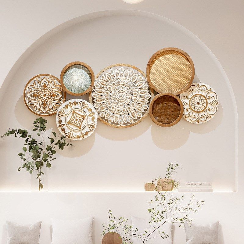 奶油风原木编织雕花壁挂装饰品餐厅壁饰客厅玄关沙发背景墙上挂件,家居饰品,壁饰,淘宝优惠券,粉丝福利购,淘宝优惠卷