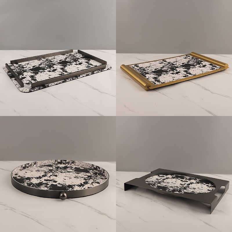 现代金属皮革托盘摆件软装饰品茶室书房桌面家居样板间香薰盘工艺