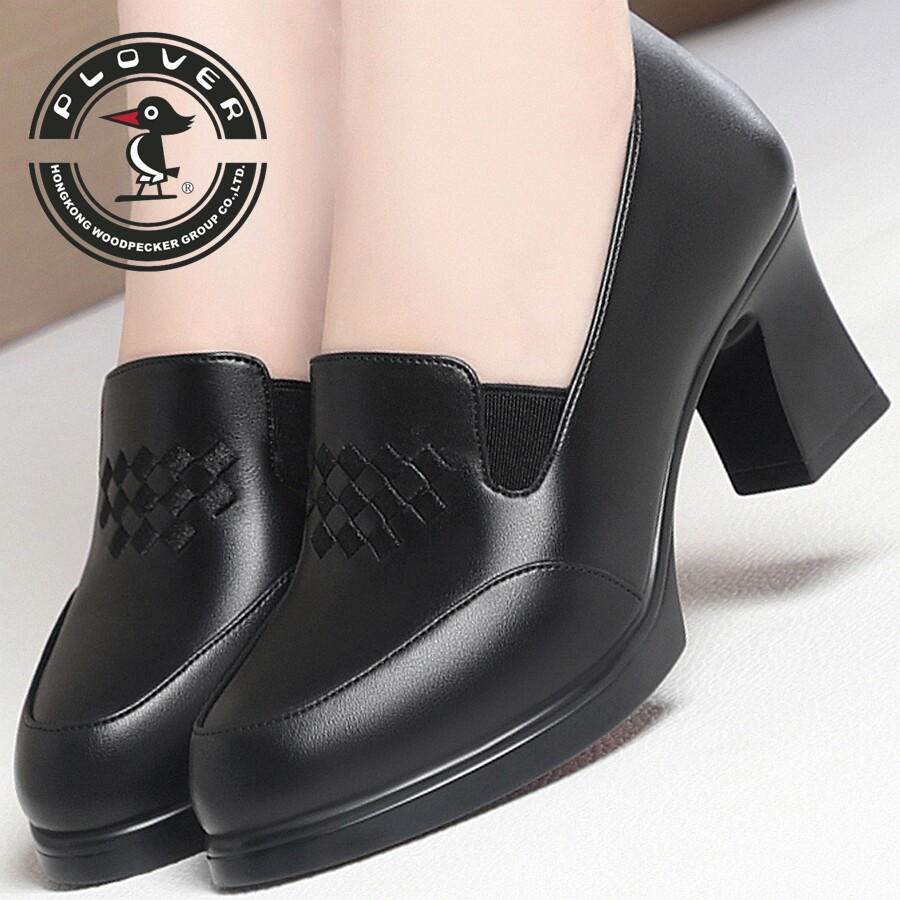PLOVER黑色粗跟单鞋显瘦百搭不累脚高跟鞋套脚品质工作鞋妈妈女鞋