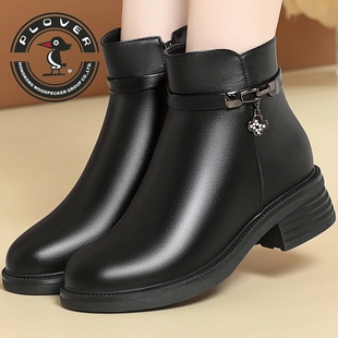 PLOVER黑色短靴女冬季金属扣粗跟软底保暖妈妈鞋气质精致优雅女靴