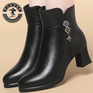 PLOVER时尚黑色短靴女冬季加绒中跟短靴圆头金属装饰单里妈妈鞋