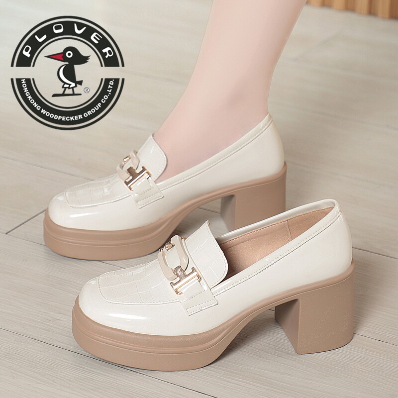 PLOVER英伦风黑色漆皮乐福鞋女粗跟厚底金属扣一脚蹬增高不累脚鞋