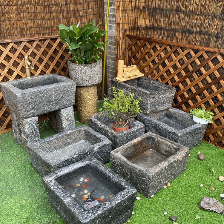 老石槽循环水组合长石头洗手盆养鱼养花石盆青石马槽庭院流水摆件