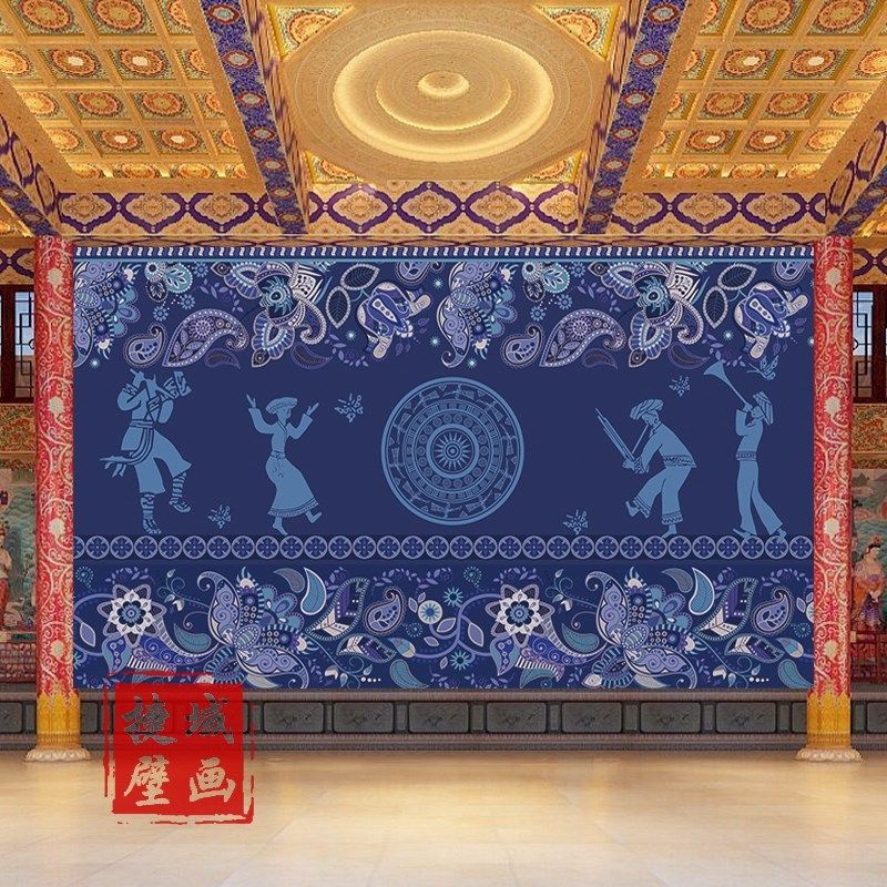 云南少数民族风情装饰画客厅饭店墙布宾馆酒店壁画民族风壁纸定制
