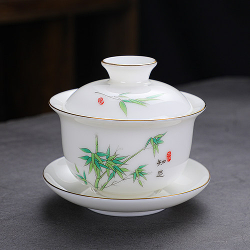国风陶瓷泡茶盖碗茶杯厚胎防烫羊脂玉白瓷功夫茶碗三才杯茶具家用