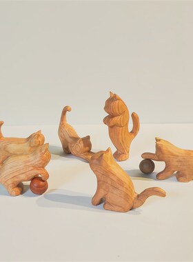 冰冷森林 朦胧猫咪桌面摆件 实木手作各形态造型手工木雕猫店摆件