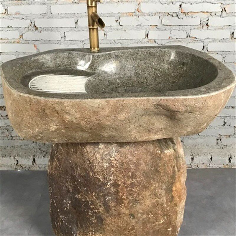 天然原石鹅卵石头洗衣池家用室外花园立柱落地洗手盆庭院别墅水盆