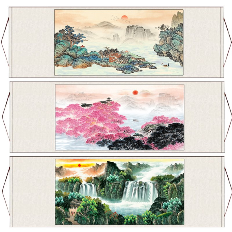 横幅山水楼阁小桥流水意境挂画招财山水画桃源仙境客厅挂画办公室