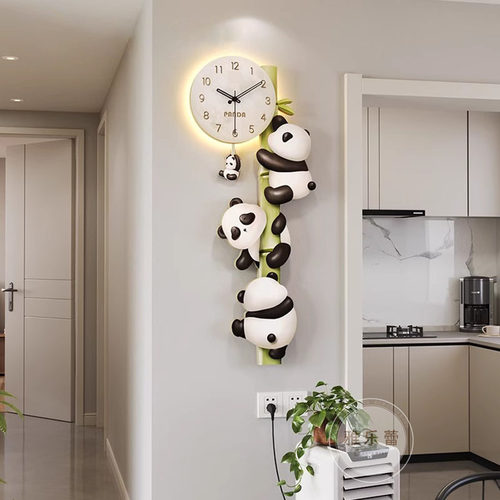 熊猫挂钟装饰画沙发新款客厅创意时钟高级感餐厅背景墙钟表挂画