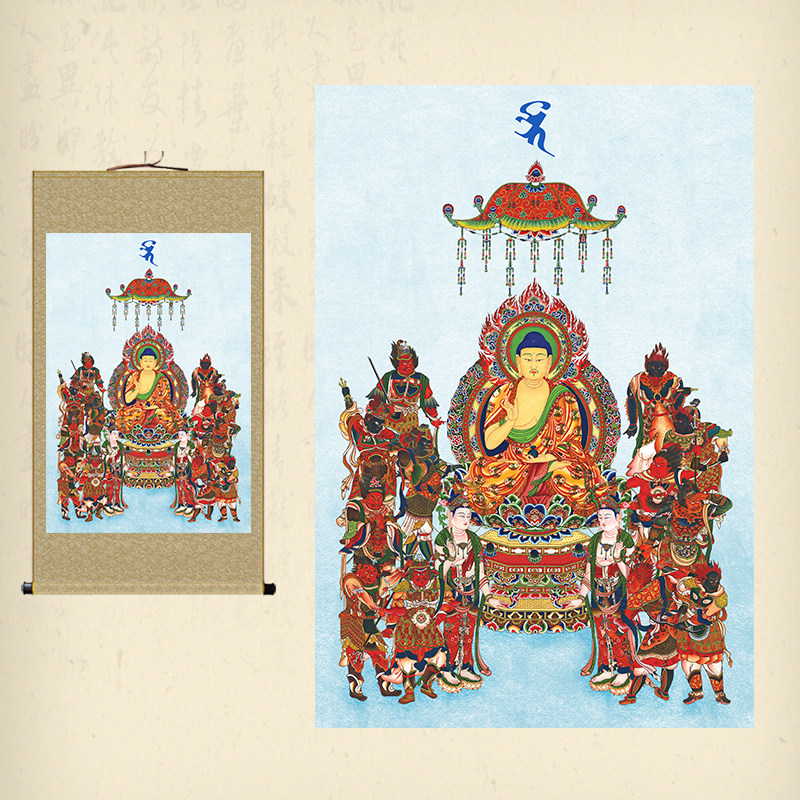 东方三圣药师佛菩萨画像十二药叉神将挂画家用结缘装饰丝绸卷轴画