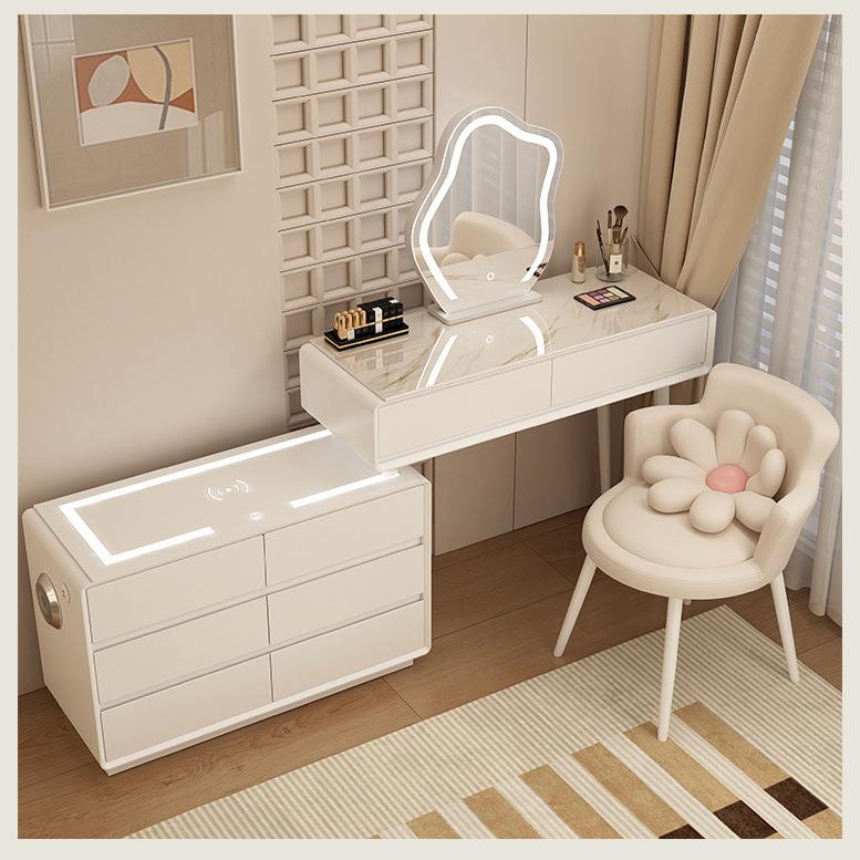 油风奶实木岩板梳妆台斗柜99一体智能多奢功能化台妆卧室轻现代简