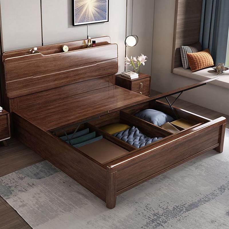 新中实床带储物轻式胡HMI桃木现代简约1米8木木制双人奢床家用主