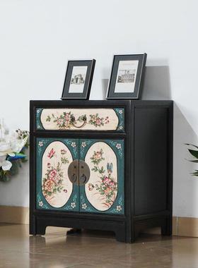 新式72585实木床头柜小边手工彩柜绘描金古典卧室纳小型中储物柜