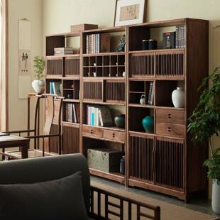 示新款新中式博落古F78MJSH5架组合黑胡桃实柜木书柜展置物架地榆