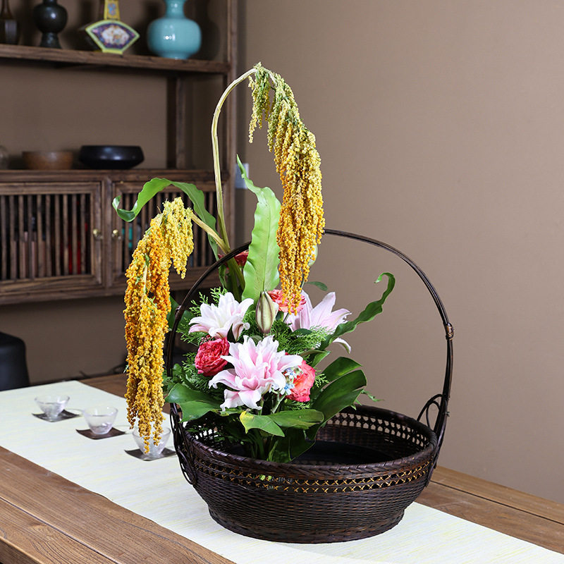 复古竹编广口花艺篮配内胆