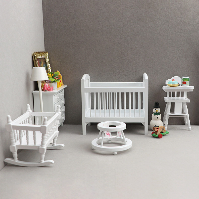 1:12娃娃屋dollhouse迷你家具微缩模型小屋儿童房场景白色5件套