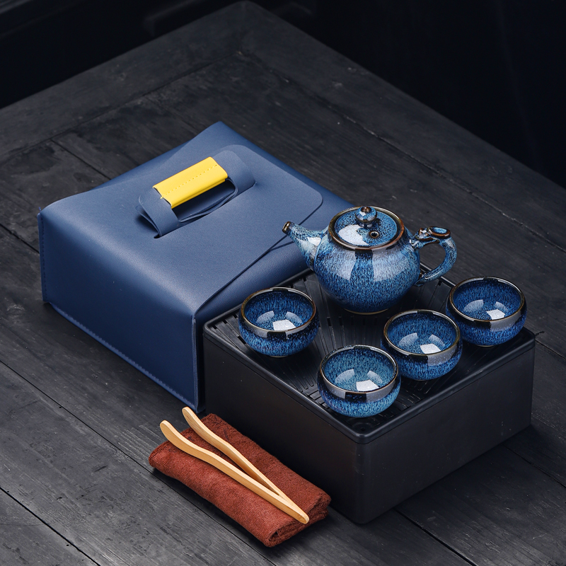 窑变陶瓷一壶四杯功夫茶具套装家用旅行简约茶盘茶壶茶杯小套组