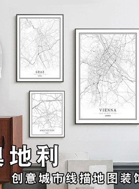 奥地利 维也纳 格拉茨创意城市地图装饰画黑白抽象画艺术挂画定制