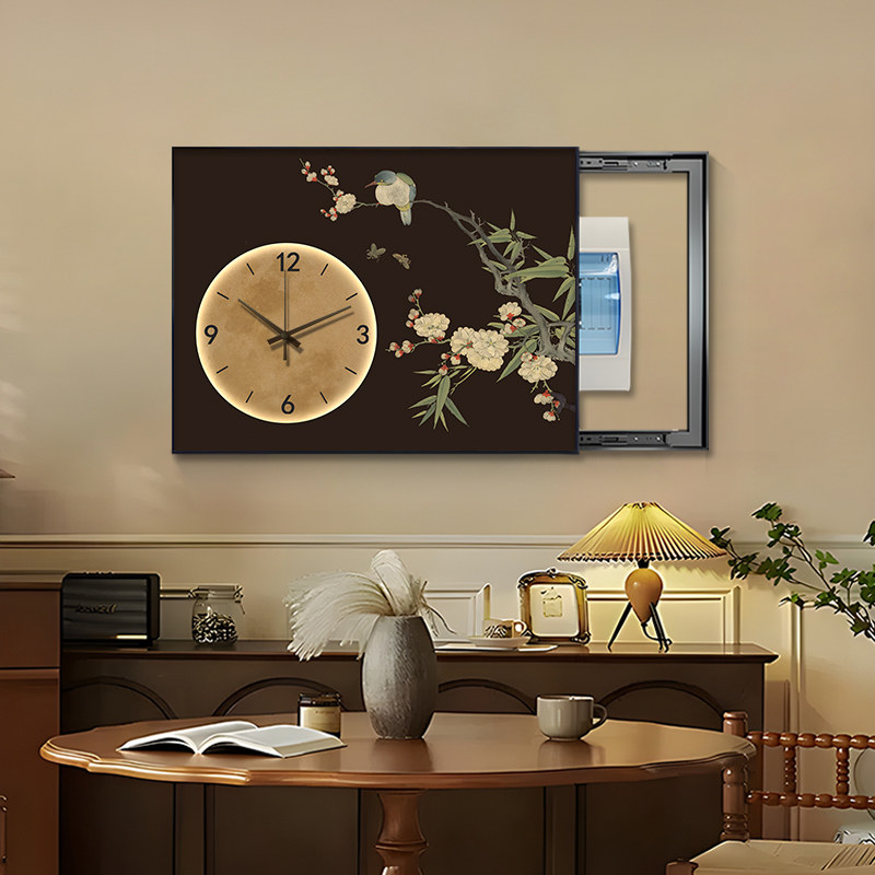 中古风电表箱装饰画带钟表法式复古遮挡配电箱挂画花鸟餐厅电闸盒