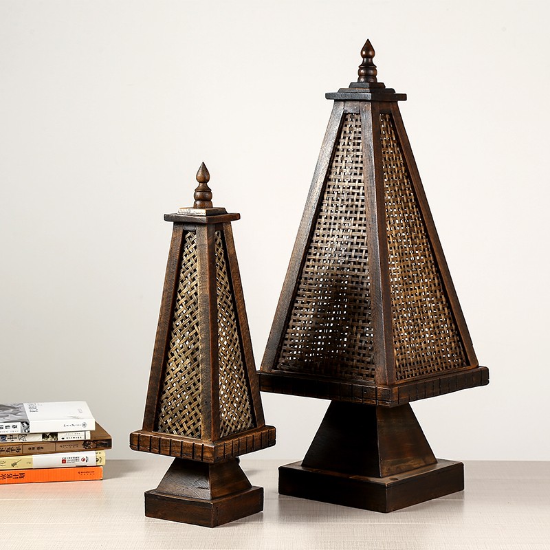 东南亚泰国实木藤竹编台灯灯具复古木质装饰灯塔形仿古创意床头灯