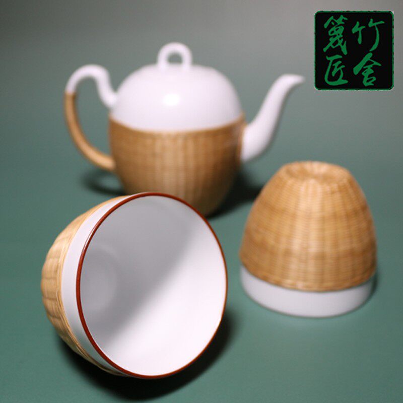 瓷胎竹编功夫茶具套装一壶二杯白瓷快客杯匠人竹丝扣瓷茶具礼品