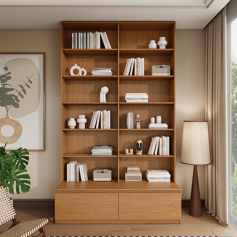 橡木定制书房满墙卡座一体书柜书架客厅到顶全实木摆件整墙展示柜