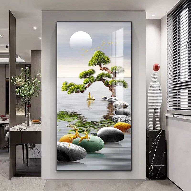 玄关装饰画走廊过道挂画迎客松福鹿石来运转寓意好入户正对门壁画