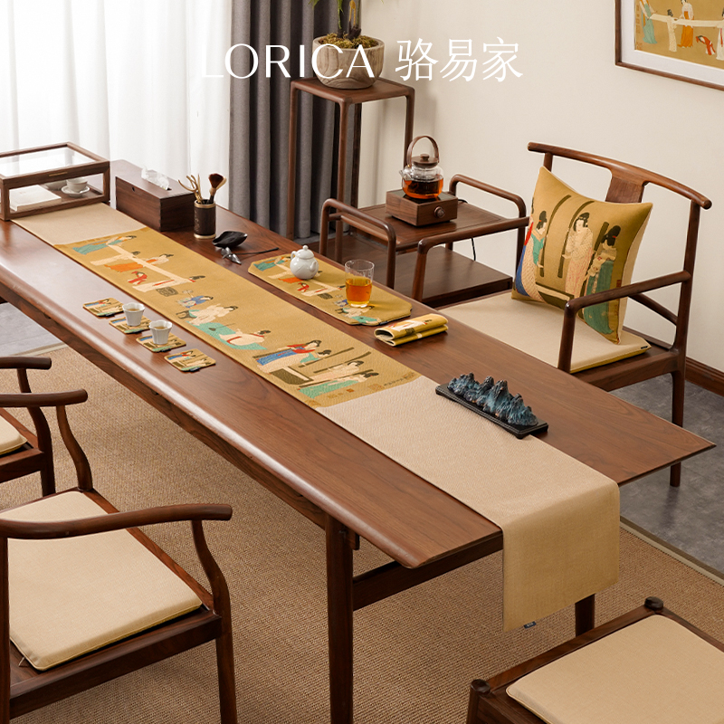 骆易家古画捣练图桌旗印花防水茶席茶台布艺长条茶桌垫布国风棉麻