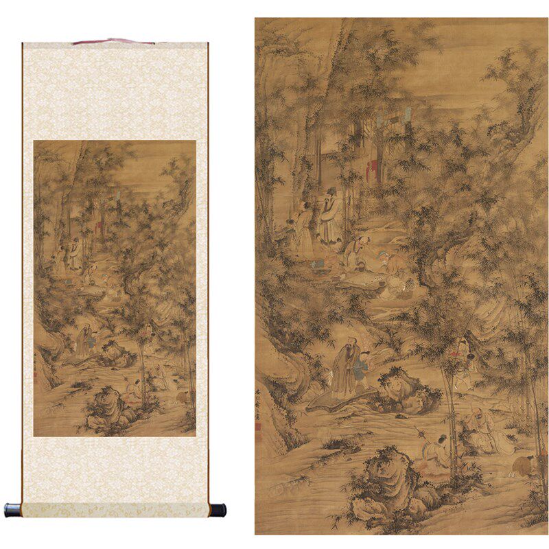 清 俞龄 竹林七贤图古画文人山水人物高清真迹复制装饰卷轴挂画