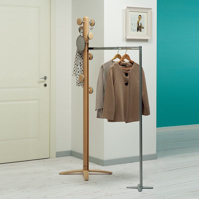意大利进口落地伸缩式折叠衣帽架带镜子一体实木架子卧室挂衣架