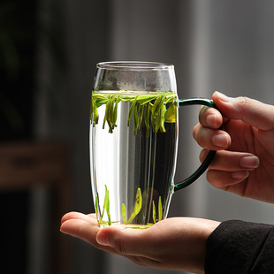 绿茶杯透明玻璃泡茶杯带把手单层办公室水杯单人家用喝水的杯子