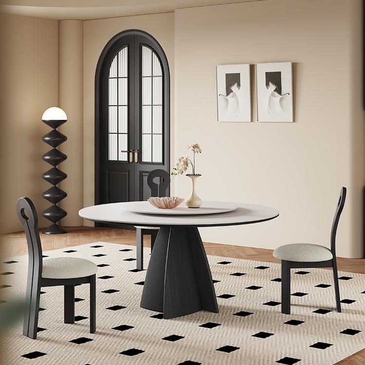 奥古斯特婉然法式复古风黑色实木餐桌带转盘现代简约纯白岩板圆桌