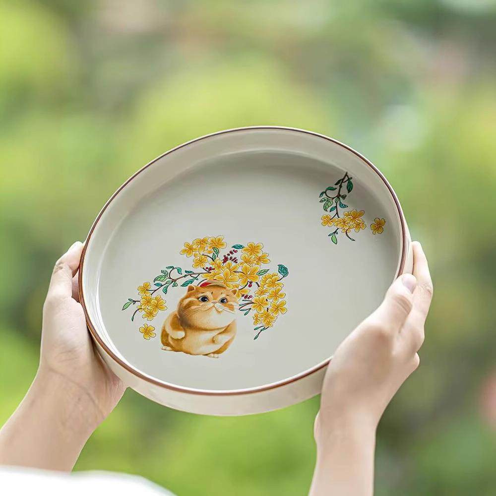 草木灰草木灰可爱憨猫干泡盘陶瓷家用圆形小茶盘储水式壶承隔热垫