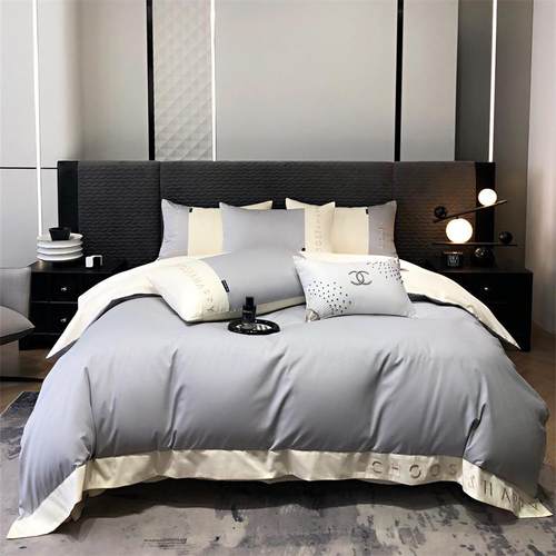 简约高端全棉刺绣纯色双拼四件套 纯棉床笠款4件套床单被套三件套
