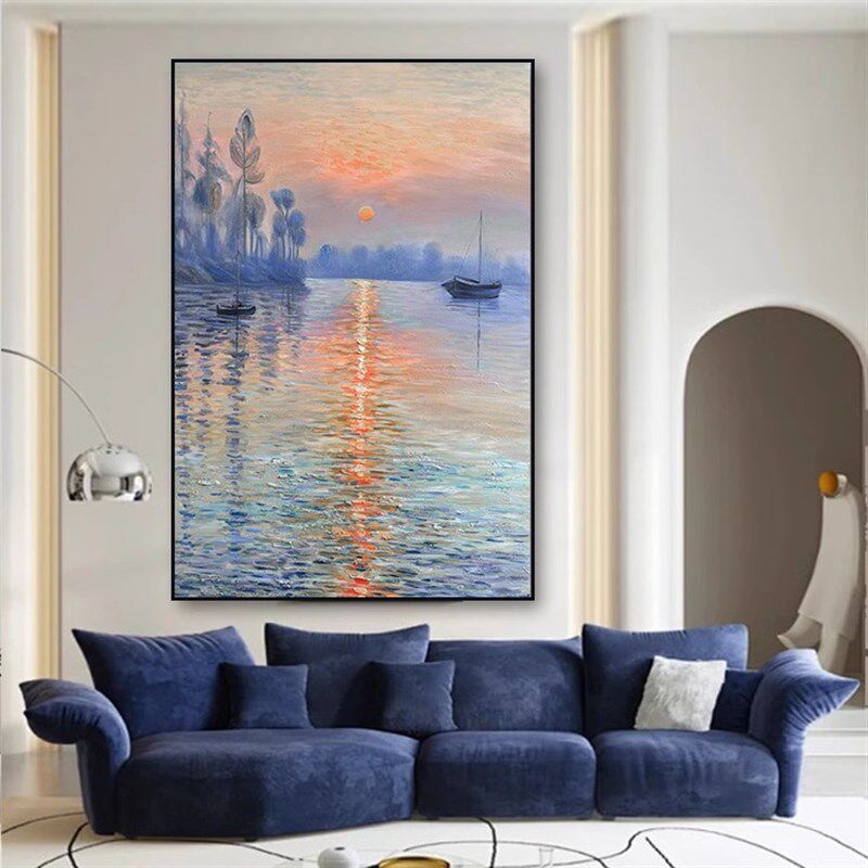 手绘油画莫奈日出印象油画装饰画高级感风景入户玄关现代简约挂画