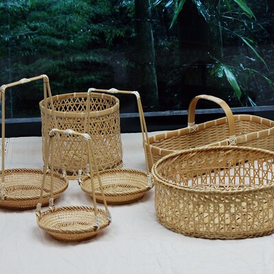 手工竹编提篮家用茶点盘水果篮子糕点托盘小竹篮结婚竹编篮篓子