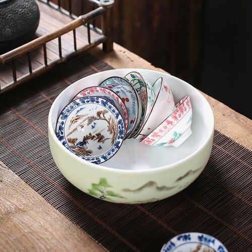 青瓷手绘茶洗大号陶瓷家用茶碗杯洗笔功夫茶具茶道配件茶杯洗缸