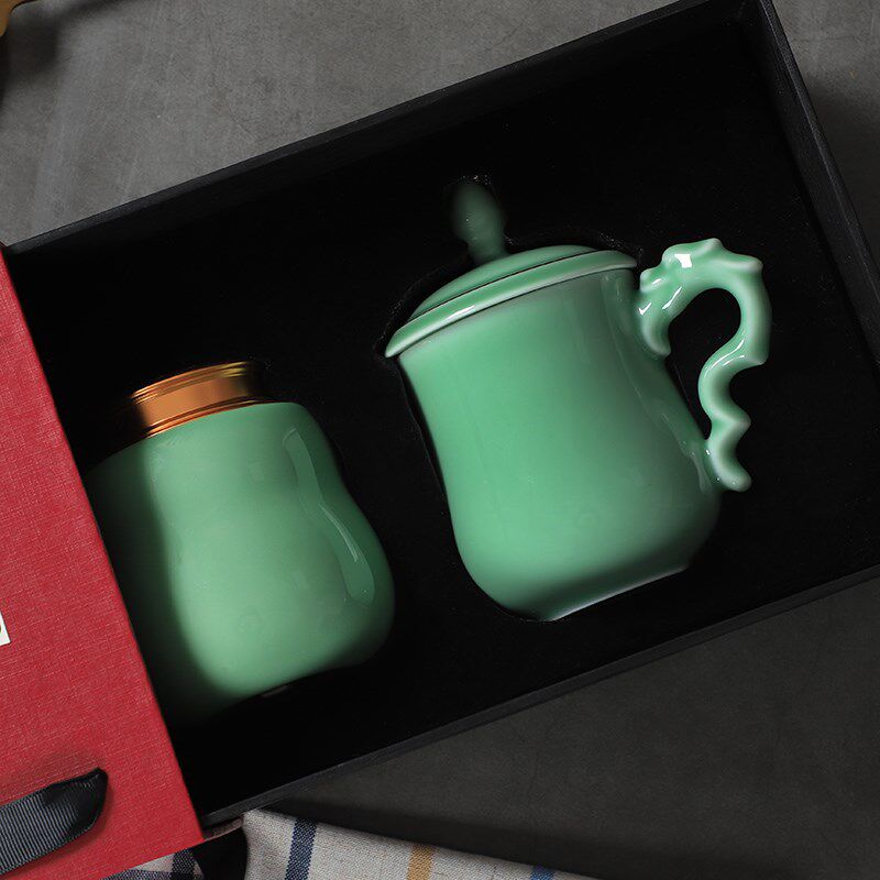 龙泉青瓷茶杯茶叶罐组合陶瓷泡茶杯家用杯子送礼套装储茶罐礼盒装