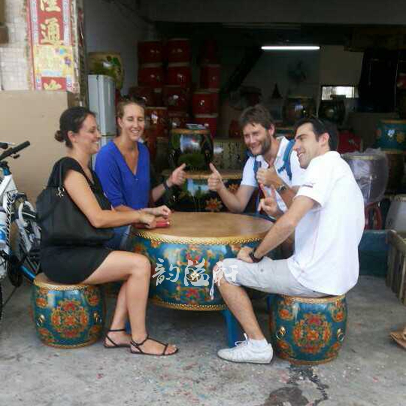 现代中式圆形小茶几实木牛皮彩绘做旧鼓桌小户型客厅圆台桌椅