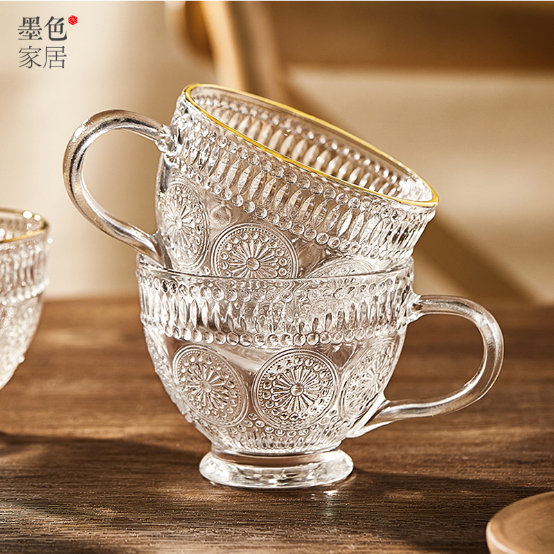 墨色浮雕太阳花玻璃杯早餐杯燕麦杯带把家用大容量牛奶杯耐热水杯