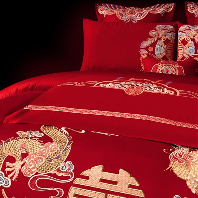 100支长绒棉全棉大红婚庆重工刺绣结婚喜庆床单被床品四件