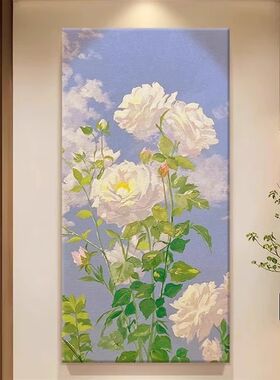 手绘油画牡丹花入户玄关装饰画花开富贵治愈花卉大幅竖版客厅挂画