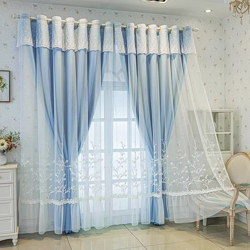 双层窗帘布纱一体田园小清新简欧成品客厅卧室全遮光加厚窗帘定制