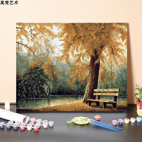 数字油画diy填充手工填色秋天公园落叶长椅风景画涂色丙烯油彩画
