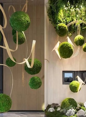 永生苔藓球逼真景观青苔绿植球布景空间悬挂白发藓球竹艺装置造型