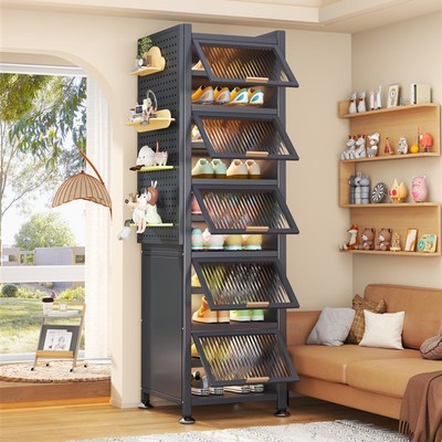 钢制鞋柜防尘入户家用门口玄关柜新款夹缝铁艺上翻门多层鞋架