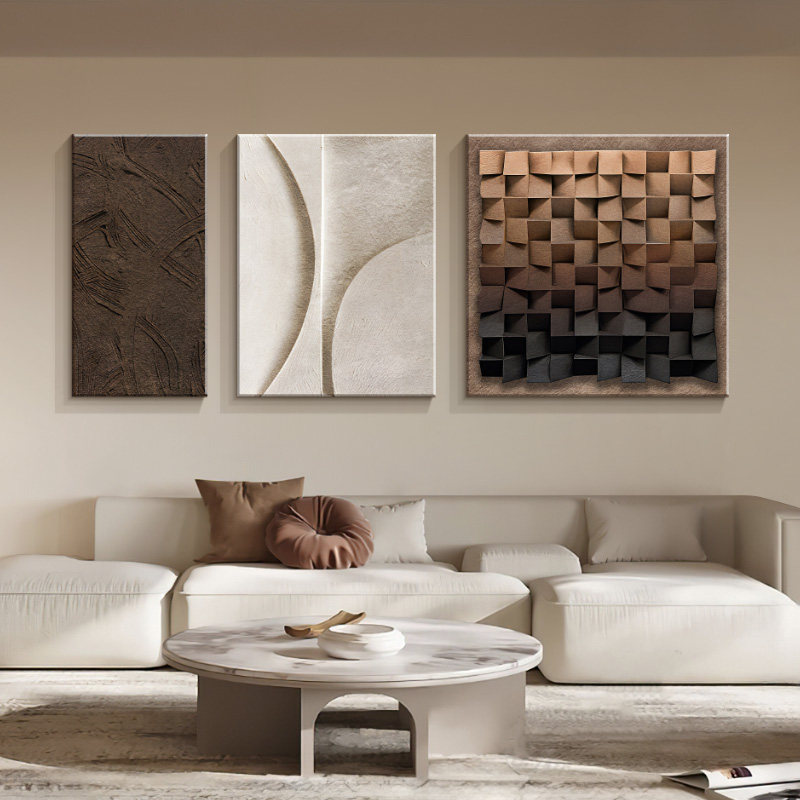 侘寂风客厅装饰画抽象几何极简壁画2024新款沙发背景墙挂画三联画
