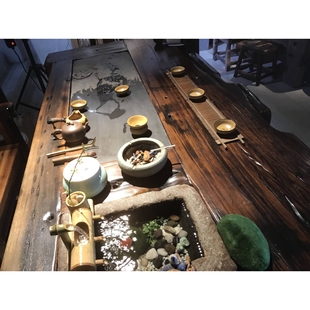 老船木茶桌椅组合老石槽流水茶艺桌茶几实木家具一体套装船木茶台